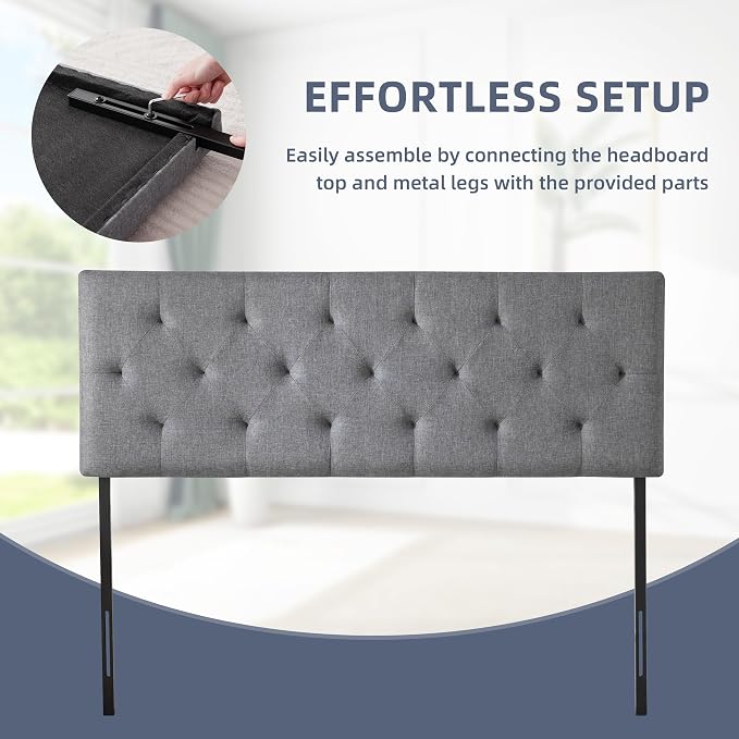 Linen Headboard King Size, Adjustable Height Headboard 37-51 in, Light Gray | Diamond Tufting Solid Wood King Headboards, Durable Metal Legs, Upholstered King Head Board for Bed Frame, Modern Fabric