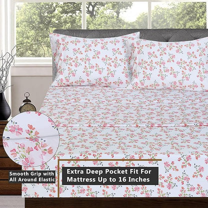 RUVANTI 100% Cotton Sheets – Full Size Percale Bedding, Cooling & Breathable Floral Design, Durable with a Crisp, Soft & Comfortable Feel, 16" Deep Pocket, 4-Piece Set, Bloomex