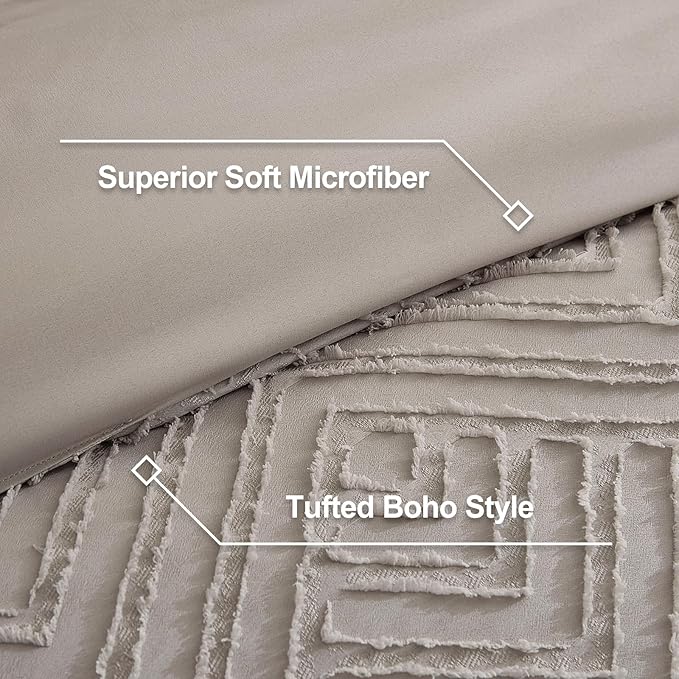 Litanika Queen Comforter Set Rose Grey, 3 Pieces Cream Tufted Boho Farmhouse Bedding Comforter Sets, Lightweight Fluffy Comforter Bed Set for All Season (90x90In Comforter and 2 Pillowcases)