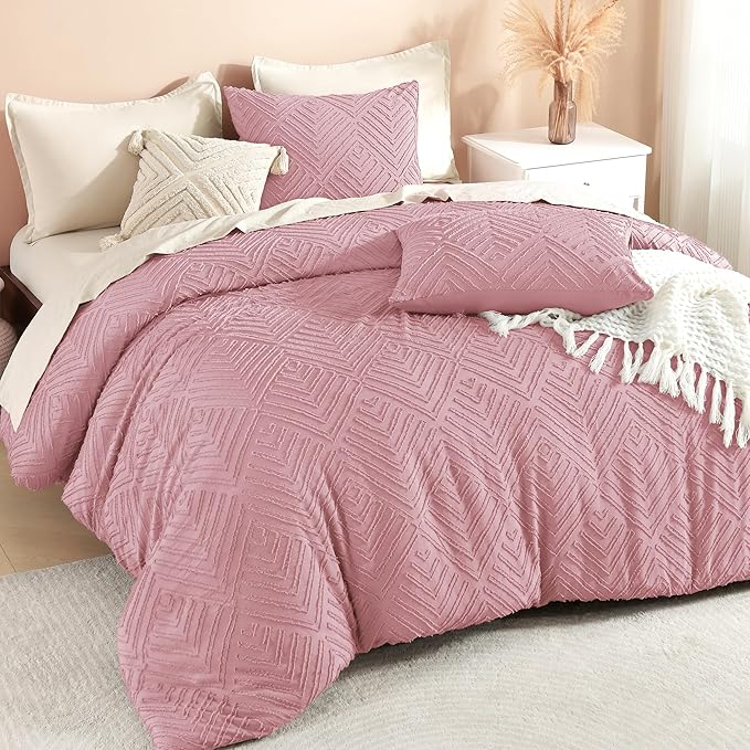 Litanika Grayish Pink Queen Comforter Set, 3 Pieces Tufted Boho Farmhouse Bedding Comforter Sets, Lightweight Fluffy Comforter Bed Set for All Season (90x90In Comforter and 2 Pillowcases)