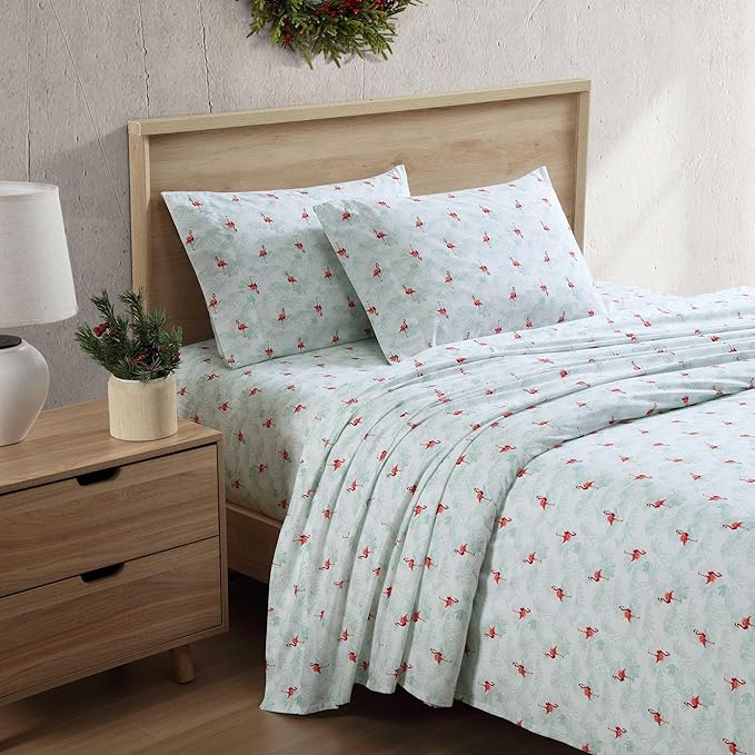 Tommy Bahama - King Size Sheet Set, Crisp & Cool Cotton Percale Bedding with a Smooth Lightweight Feel, 4 Piece Holiday Bed Sheets with Matching Pillowcases (Flamingo Santa Green)
