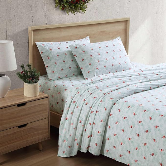 Tommy Bahama - Queen Size Sheet Set, Crisp & Cool Cotton Percale Bedding with a Smooth Lightweight Feel, 4 Piece Holiday Bed Sheets with Matching Pillowcases (Flamingo Santa Green)
