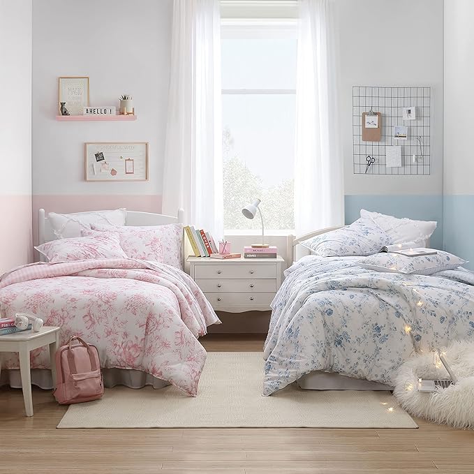 Laura Ashley - Queen Comforter Set, Soft Cotton Bedding with a Medium Weight for Year Round Use, Reversible 3 Piece Bed Set with Matching Pillowcases (Belinda Chambray Blue)