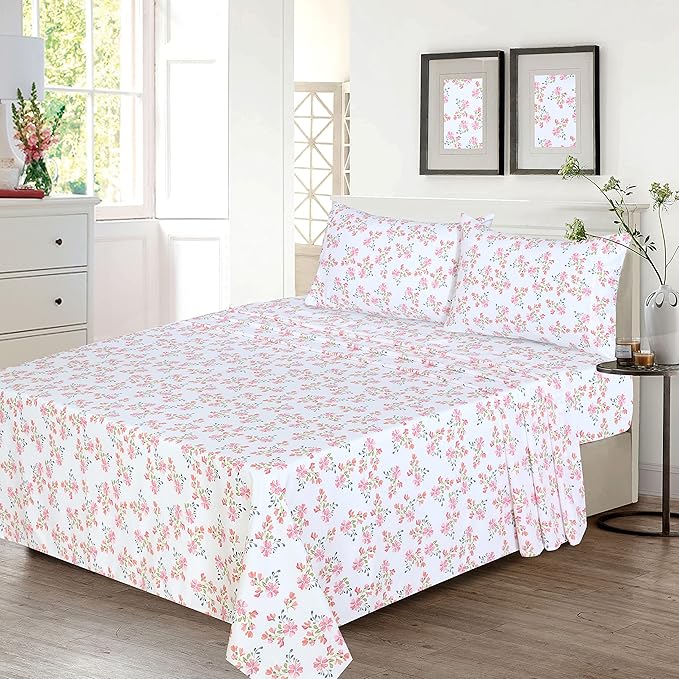 RUVANTI 100% Cotton Sheets – King Size Percale Bedding, Cooling & Breathable Floral Design, Durable with a Crisp, Soft & Comfortable Feel, 16" Deep Pocket, 4-Piece Set, Bloomex