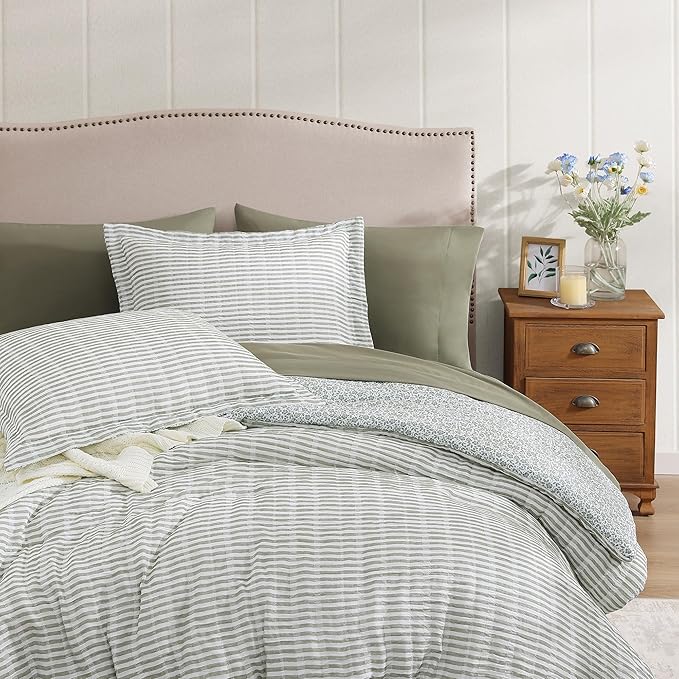 Full Comforter Set - 7 Pieces Green Gauze Muslin Bedding Sets for All Seasons, Lightweight Breathable Bed in a Bag Full with Revesible Farmhouse Comforter, Sheets, Pillowcases & Shams