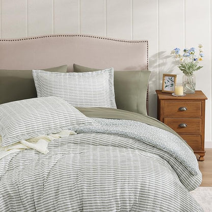 King Comforter Set - 7 Pieces Green Gauze Muslin Bedding Sets for All Seasons, Lightweight Breathable Bed in a Bag King with Revesible Farmhouse Comforter, Sheets, Pillowcases & Shams