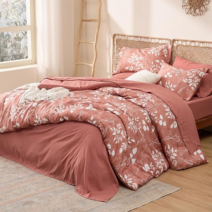 Bedsure Dusty Pink Twin Comforter Set - 5 Pieces Floral Bedding Sets, Twin Bed in a Bag with Reversible Botanical Flowers Comforter, Sheets, Pillowcase & Sham