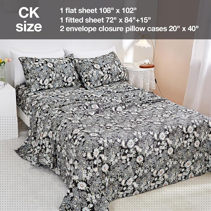 JSD Black Paisley Floral Printed Sheet Set Cal King, 4 Piece Soft Pattern Microfiber Sheets Extra Deep Pocket