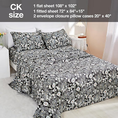 JSD Black Paisley Floral Printed Sheet Set Cal King, 4 Piece Soft Pattern Microfiber Sheets Extra Deep Pocket