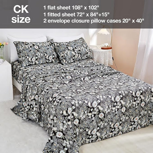 JSD Black Paisley Floral Printed Sheet Set Cal King, 4 Piece Soft Pattern Microfiber Sheets Extra Deep Pocket