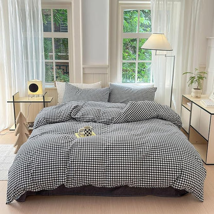 LifeTB Queen Comforter Set Black Gingham Comforter Modern Style Checkered Pattern Comforter Set Boho Grid Plaid Bedding Comforter Fluffy Soft Lightweight Grid Bedding Set Queen Size for All Season