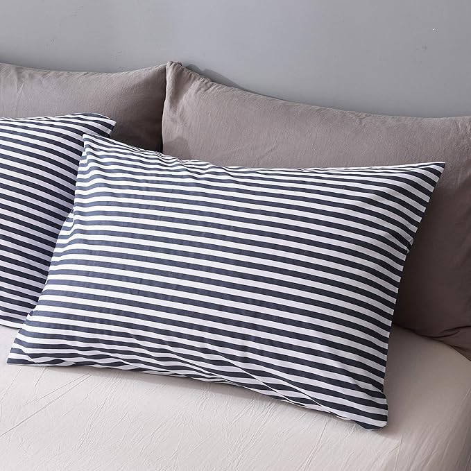JELLYMONI 100% Natural Cotton 3pcs Striped Duvet Cover Sets,White Duvet Cover with Navy Blue Stripes Pattern Printed Comforter Cover,with Zipper Closure & Corner Ties(Full Size)
