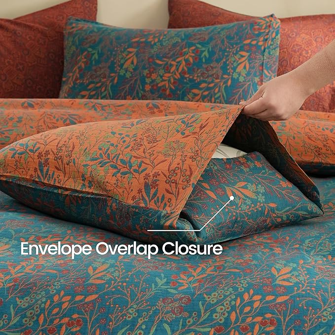BISELINA 100% Cotton Muslin Duvet Cover Set King, 3 Pcs Yarn-Dyed Jacquard Textured Reversible Floral Design, Soft and Breathable Bedding Set with Zipper Closure, Blue Orange
