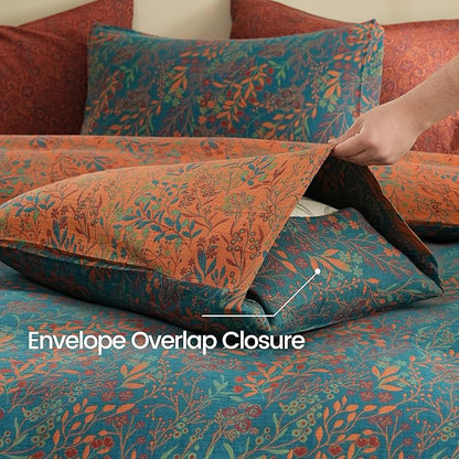 BISELINA 100% Cotton Muslin Duvet Cover Set Queen, 3 Pcs Yarn-Dyed Jacquard Textured Reversible Floral Design, Soft and Breathable Bedding Set with Zipper Closure, Blue Orange