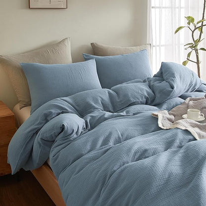 SE SOFTEXLY Muslin Duvet Cover King Size, 100% Washed Cotton Duvet Cover Set, Ultra Soft Comforter Cover Linen Like, 3 Pieces Minimalist Gauze Duvet Cover with 2 Pillowcases, 90"x104", Blue