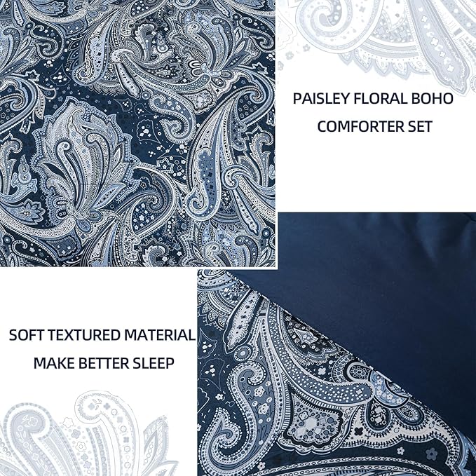 DJY Navy Paisley Comforter Set King Size 7 Piece Bed in a Bag Boho Paisley Pattern Comforter Set Soft Lightweight Microfiber Blue Reversible Bedding Set for All Season (104''x90'')