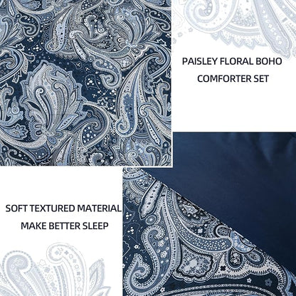 DJY Navy Paisley Comforter Set King Size 7 Piece Bed in a Bag Boho Paisley Pattern Comforter Set Soft Lightweight Microfiber Blue Reversible Bedding Set for All Season (104''x90'')