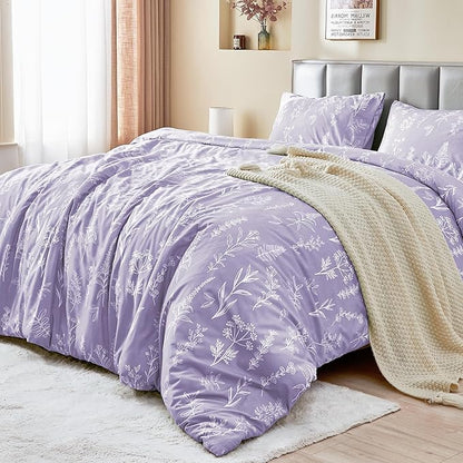 MUXHOMO Duvet Cover Full Size, Reversible Floral Lavender Duvet Cover Set with Zipper Closure, 3 Pieces Botanical Patterns Soft Microfiber Bedding Set with 4 Ties (80"x90", 2 Pillow Cases)