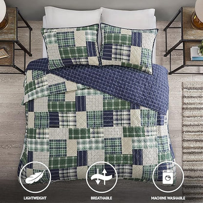 Madison Park Reversible Quilt Cabin Lifestyle Plaid Design - All Season, Breathable Coverlet Bedspread Bedding Set, Matching Shams, King/Cal King(104"x94"), Green/Navy 3 Piece