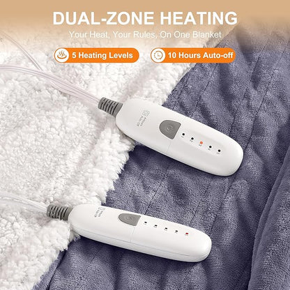 Queen Size Heated Blanket 84''X90'' Heating Blanket - Purple Electric Blanket Flannel Sherpa Double Controllers Heated Blanket with 5 Heat Settings & 10 Hours Auto-Off for Grandma Gifts(Lavender)