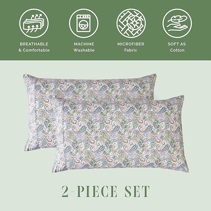 Elegant Comfort Ultra Soft Set of 2 Floral Print Pillowcases - 1500 Premium Hotel Quality Microfiber, Soft and Smooth Envelope Closure 2-Piece Pillow Covers - King, Paisley Teal