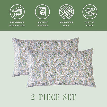 Elegant Comfort Ultra Soft Set of 2 Floral Print Pillowcases - 1500 Premium Hotel Quality Microfiber, Soft and Smooth Envelope Closure 2-Piece Pillow Covers - King, Paisley Teal