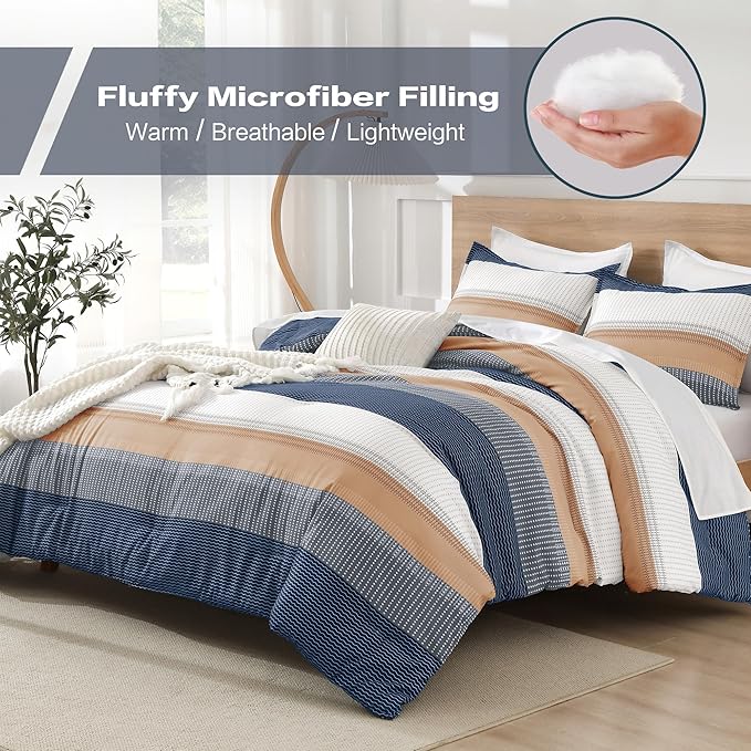 Litanika Comforter Set - Lightweight Quilt Bedding Comforter Sets, Colorblock Stripe Fluffy Bed Set, All Season Down Alternative, Queen Orange Blue