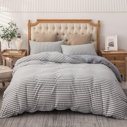 PURE ERA Jersey Knit Duvet Cover Set 100% T-Shirt Heather Cotton Super Soft Comfy Classic Striped Design, with Zipper Closure, Heather Blueish Grey Stripe, Cal King