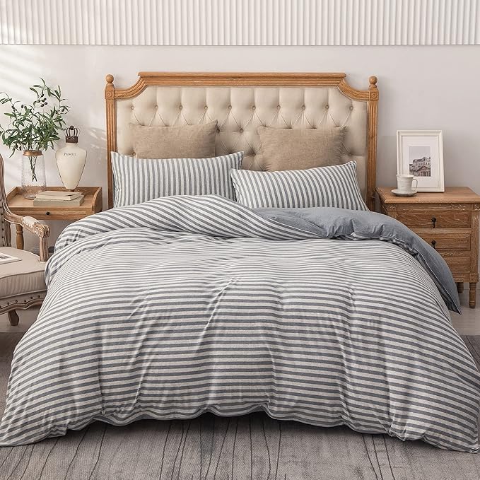 PURE ERA Jersey Knit 2pc Duvet Cover Set 100% T-Shirt Heather Cotton Super Soft Comfy Classic Striped Design, with Zipper Closure, Heather Blueish Grey Stripe, Twin