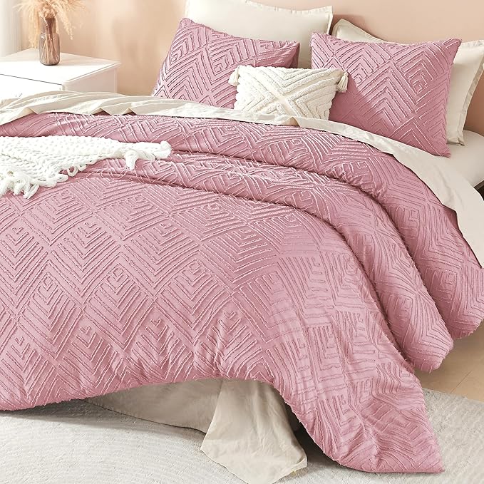Litanika Grayish Pink King Size Comforter Set, 3 Pieces Tufted Boho Farmhouse Bedding Comforter Sets, Lightweight Fluffy Comforter Bed Set for All Season (104x90In Comforter and 2 Pillowcases)