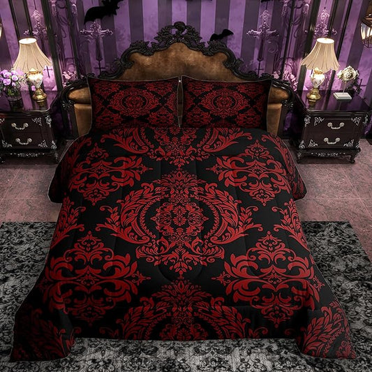 Feelyou Adults Red Vintage Damask Floral Comforter Set Oriental Antique Comforter King Size Gothic Bohemia Boho Flower Bedding Set Bohemian Exotic Duvet Set Quilt Set 3Pcs