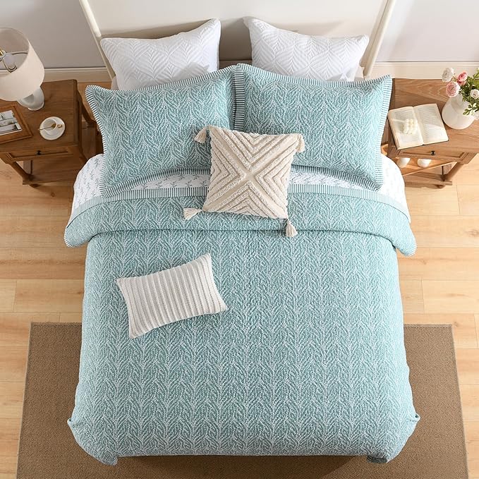 SahSahCasa Quilt Set King Size, 100% Cotton Quilt Bedding Set Bedspread, Botanical Pattern Solid Color Chic Lightweight Quilted Comforter for King Bed, White/Teal, All Season, 3 Pieces