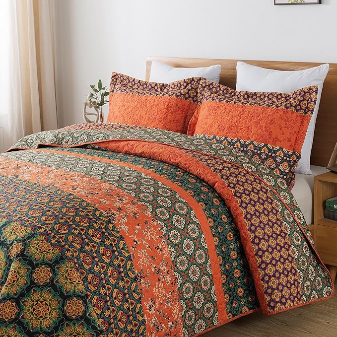 HoneiLife Quilt Sets Queen Size - 3 Pieces Microfiber Quilt Lightweight Bedspreads Wildflower Coverlets Retro Bed Cover Queen Quilt Bedding Set All Season Quilts-Pumpkin