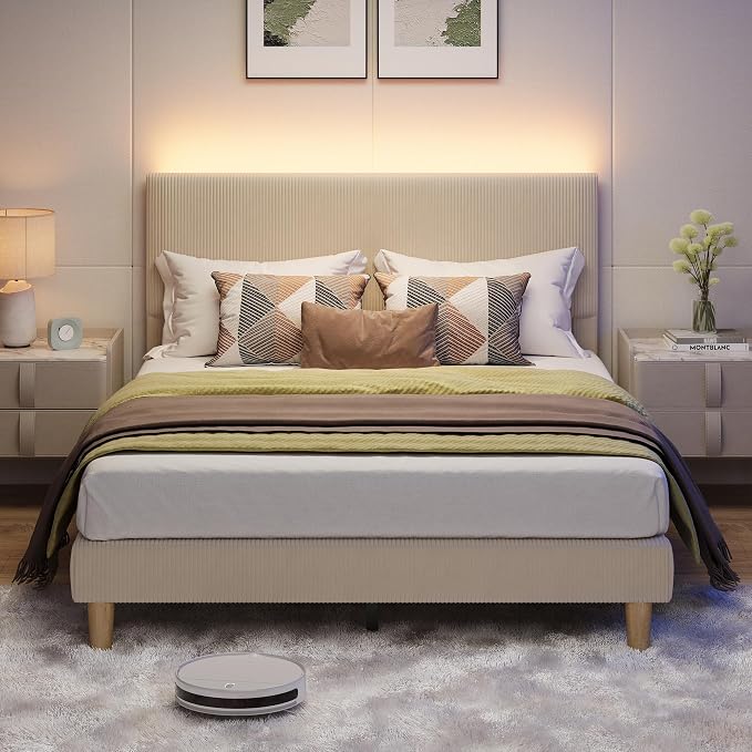 Bestier Queen Size Bed Frame with Headboard LED Lighting,Upholstered,Taupe | Easy Assembly,LED Lighting Headboard,No Squeaks,Vertical Channel Corduroy Upholstered,Wood Slats Support,No Box Spring Needed