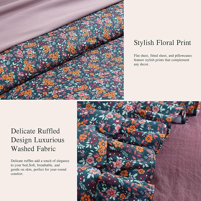 King Comforter Set - 7 Pieces Ruffle Purple Ditzy Bedding Sets, Shabby Chic Farmhouse Bed in a Bag with Ruffle Comforter, Sheets, Pillowcases & Shams