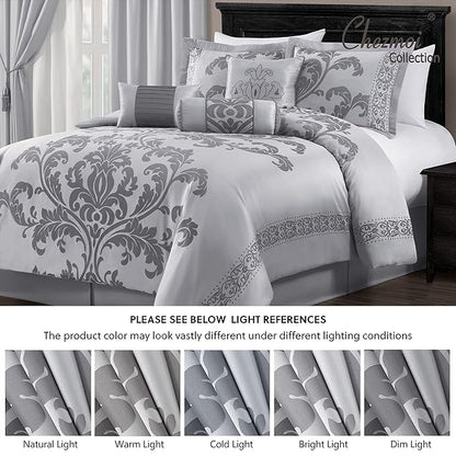 Chezmoi Collection 7-Piece Jacquard Floral Comforter Set (California King, Silver/Gray)