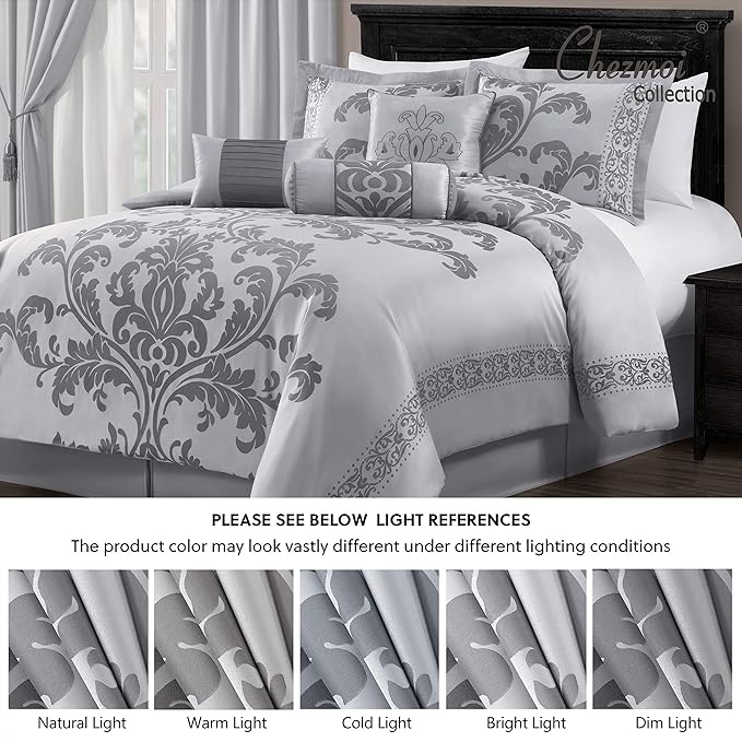 Chezmoi Collection 7-Piece Jacquard Floral Comforter Set (King, Silver/Gray)