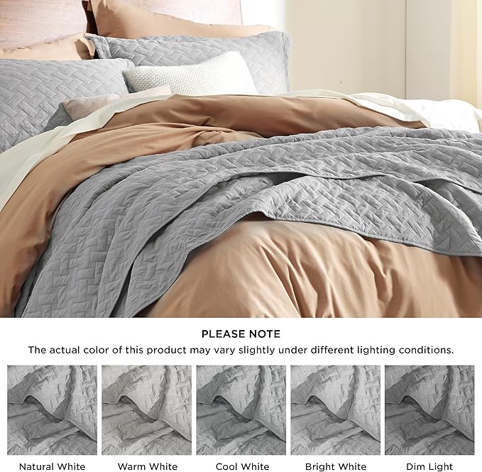 Bedsure Quilts Twin Size - Lightweight Bedspreads Twin Size with Basket Weave Pattern, Soft Quilt Bedding Set, Light Grey Comforter Set Coverlet for All Seasons with 1 Pillow Sham (68" x 86") | Skin-Friendly Soft, All-Season Comfort, Breathable, Lightw...