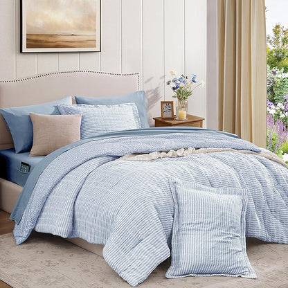King Comforter Set - 7 Pieces Blue Gauze Muslin Bedding Sets for All Seasons, Lightweight Breathable Bed in a Bag King with Revesible Farmhouse Comforter, Sheets, Pillowcases & Shams