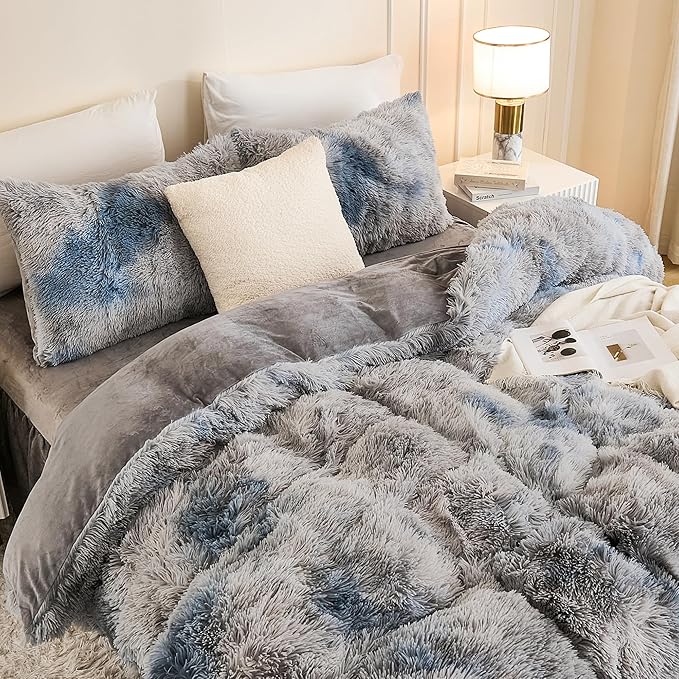 Andency Faux Fur Tie-Dyed Grey Blue Comforter Set Full Size, 3 Pieces Fluffy Fuzzy Plush Bedding Comforter Set (1 Shaggy Velvet Comforter & 2 Pillowcases), Soft Puffy Down Comforter Bedding Set