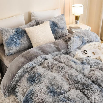 Andency Faux Fur Tie-Dyed Grey Blue Comforter Set Full Size, 3 Pieces Fluffy Fuzzy Plush Bedding Comforter Set (1 Shaggy Velvet Comforter & 2 Pillowcases), Soft Puffy Down Comforter Bedding Set