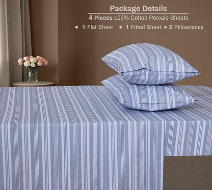 ZOYER 100% Cotton Sheets – Queen Size Percale Bedding, Cooling & Breathable, Durable with a Crisp, Soft & Comfortable Feel, 16" Deep Pocket, 4-Piece Set, Nautica Herringbone