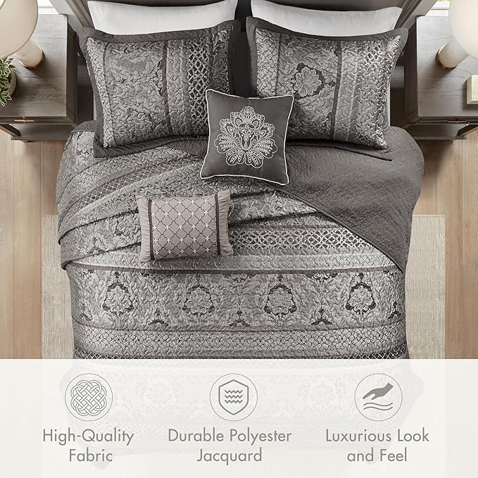 Madison Park Traditional Damask Design All Season, Lightweight Coverlet Bedspread Bedding Set, Matching Shams, Pillows, (102"x118"), Bellagio, Jacquard Grey, 5 Piece