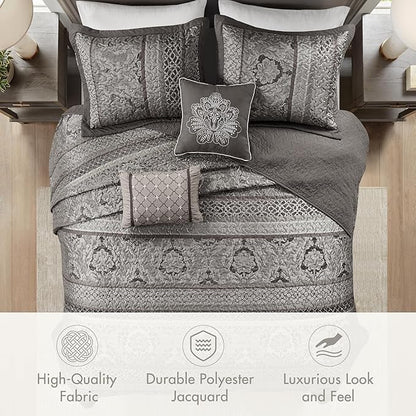 Madison Park Traditional Damask Design All Season, Lightweight Coverlet Bedspread Bedding Set, Matching Shams, Pillows, (120"x118"), Bellagio, Jacquard Grey, 5 Piece
