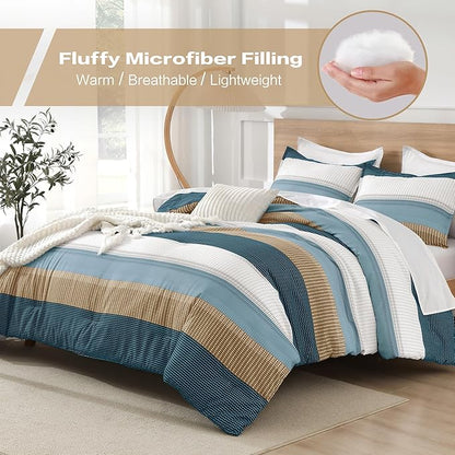 Litanika Comforter Set Full Size Green Yellow - 3 Pieces Lightweight Colorblock Stripe Fluffy Bedding Comforter Sets, All Season Bed Set