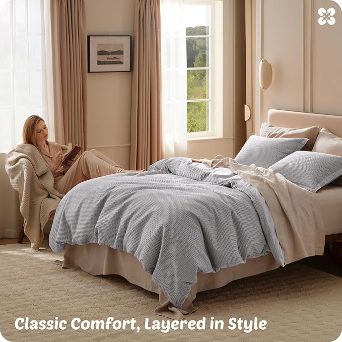 Bedsure Cotton Duvet Cover Set - 100% Cotton Waffle Weave Grey Duvet Cover Oversized King Size, GentleSoft™ and Breathable Bedding Set for All Season, 3 Pieces, 120"x98"