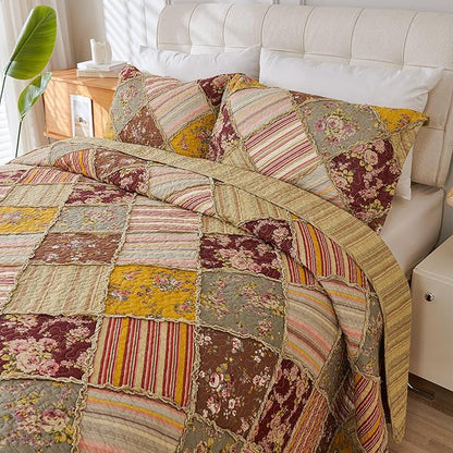 Cmfshape Floral Quilt Sets Bedspread Set 100% Cotton Patchwork Bedding Set, All Season Use Lightweight Reversible Coverlet Quilts with 2 Pillow Shams(Queen 92"x96")