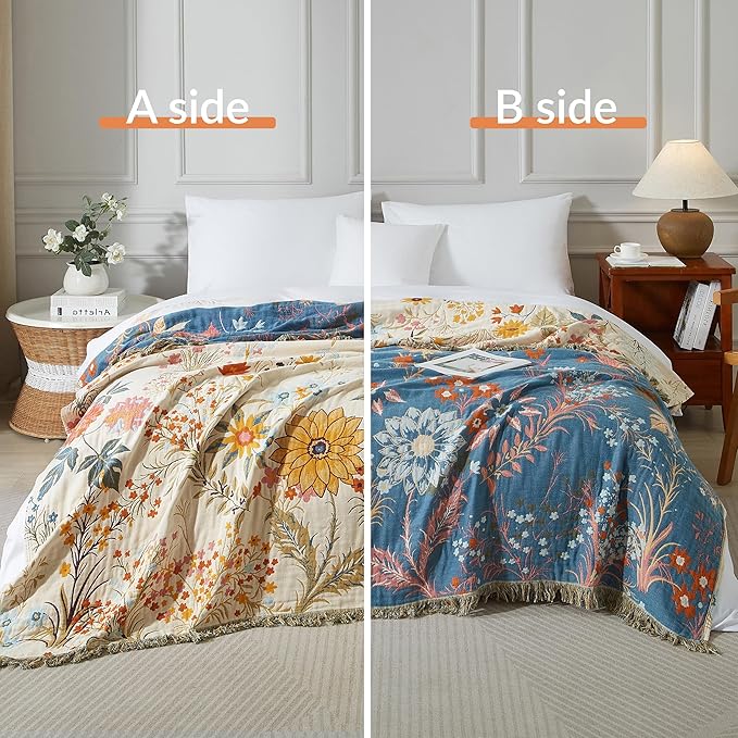 Boho Throw Blanket for Bed 90”x98”, 100% Cotton Woven Blanket for Couch Sofa, Ultra Soft 4-Layer Muslin Quilt with Floral Printed, Farmhouse Bed Blanket/Cover for Living Room Decor