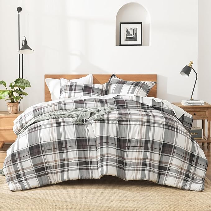 Andency Gray Brown Black Plaid Comforter Set Full(79x90Inch), 3 Pieces Grid Gingham Stripes Bedding Comforter Sets for Boys Girls Kids Teens, Preppy Geometric Line Soft Lightweight Reversible Bed Set