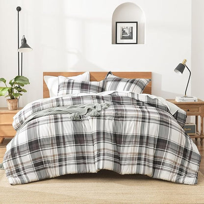 Andency Gray Brown Black Plaid Comforter Set Full(79x90Inch), 3 Pieces Grid Gingham Stripes Bedding Comforter Sets for Boys Girls Kids Teens, Preppy Geometric Line Soft Lightweight Reversible Bed Set